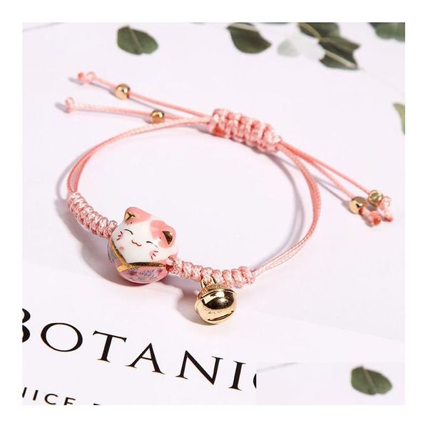 Pulseras con dijes Cerámica Gato de la suerte Campana Pulsera Mujer Estudiante Novias Tejido a mano Colores rojos Cuerda Brazalete Entrega directa Joyería Dhzad