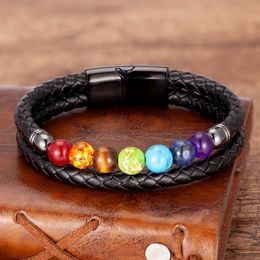 Charmarmbanden chakra mannen armband 7 kleur natuurlijke yoga genezende steen kralen zwart echt leer hommes pulseras sieraden cadeaus 230215