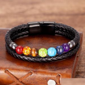 Pulseras de encanto Chakra Hombres Pulsera 7 Color Natural Yoga Healing Stone Beads Negro Cuero genuino Hommes Pseras Joyería Regalos Drop de DHLB2