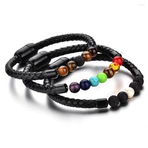 Bracelets porte-bonheur Chakra hommes en cuir noir bracelets de perles volcaniques pierre avec fermoir magnétique en métal bijoux en gros