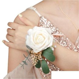 Bracelets de charme Bracelet de poignet de champagne Soeurs de demoiselle d'honneur Fleur à la main Fleur de soie artificielle Rose Fleurs pour la fête de danse Drop Delive Ot9is