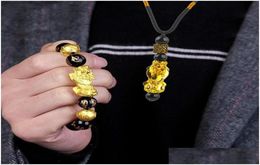 Charm Bracelets Charm Bracelets 1 Set Black Obsidian Stone Beads Bracelet Necklace Wealth Good Luck Jewelry Gift For Birthday YearDhvbn7951011