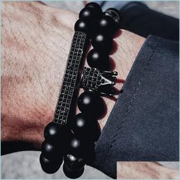 Bedelarmbanden bedelarmbanden 2022 Classic Crown Rec armband Men Fashion Matte Stone Bead for Jewelry Gift Kent22 Drop Delivery Dh6go