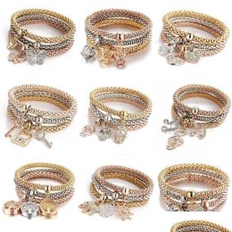 Braceletas de encanto pulseras de encanto 3 color/set Árbol de la vida Mujeres Corona Cristal Símbolo musical Elefante Llave de llave Búho Búho Pulsera para mí Dhfal