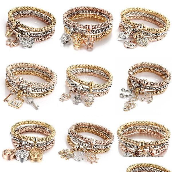 Bracelets de charme bracelets de charme 3 couleurs / ensembles arbre de vie femme cristal couronne symbole éléphant clés de serrure bracelet enveloppe de chouette pour moi dh1z6