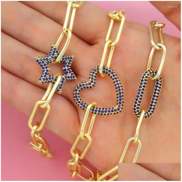 Pulseras con dijes Pulseras con dijes Pulsera geométrica de circonio azul Color dorado Corazón Estrella Oval Bras Cz Mosquetón Locket Joyería Diy Gota Dhh41