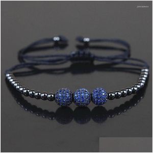 Bedelarmbanden Bedelarmbanden Merk Heren 8Mm Micro Pave Blauwe Cz Kralen 4Mm Zwarte Ronde Bal Koperen Vlechten Rame Armband Je Dhgarden Dhzso