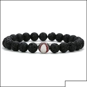 Bracelets de charme Bracelets de charme Bracelets de charme de balle de baseball en cuivre Bracelet de brin 8 mm Perles de pierre de lave noire Volcan DIY Huile essentielle Diffu Dhqqw