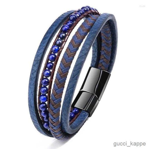 Pulseras con dijes Pulseras con dijes Joyería Tejida a mano Pulsera para hombre Ojo de tigre Piedra natural Acero inoxidable Cuero con cuentas Brazalete de titanio Masculino