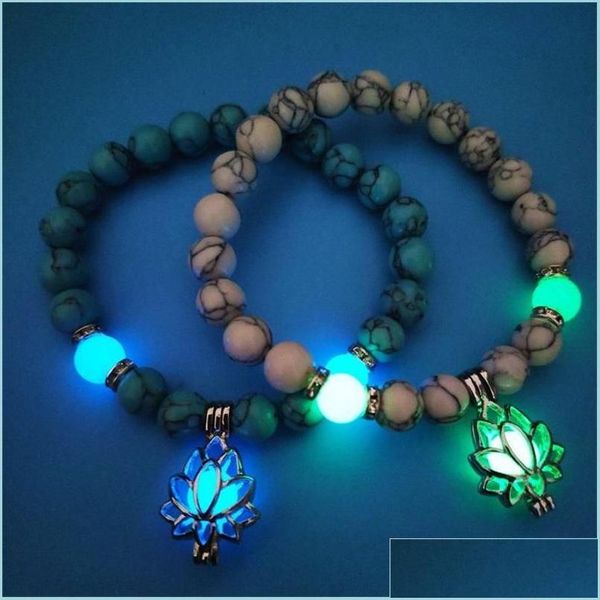 Pulseras con dijes Pulseras con dijes Piedras naturales luminosas que brillan en la oscuridad Pulsera con forma de flor de loto para mujeres Oración de yoga Buddh Otoyb