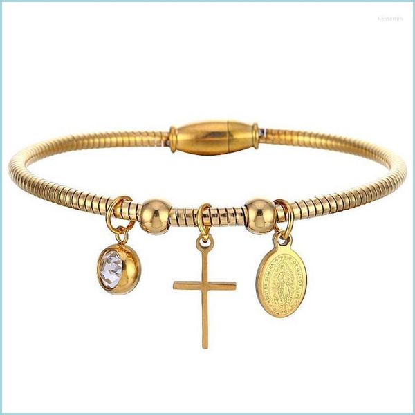 Bracelets De Charme Bracelets De Charme Religieux Vierge Marie Croix Bracelet Or Acier Inoxydable Cz Pierre Aimant Fil Enroulé Bracelets Pour W Dhb89