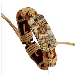 Bedelarmbanden bedel armbanden touw weef gevlochten lederen armband vintage stijl pyrograaf warmteoverdracht printen vredesbord mannen wome dhqfr