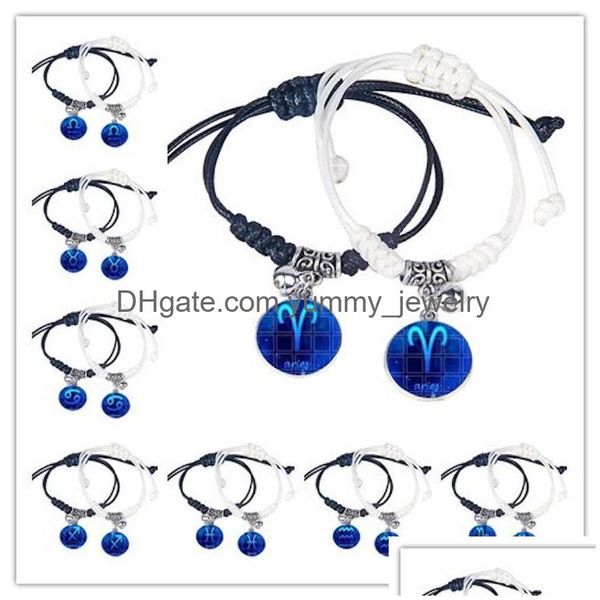 Pulseras con dijes Pulseras de cuero trenzadas con dijes para amantes Signo del zodiaco vintage hecho a mano 12 Constelación Hombres Mujeres Joyería de cadena de cuerda DHK8J