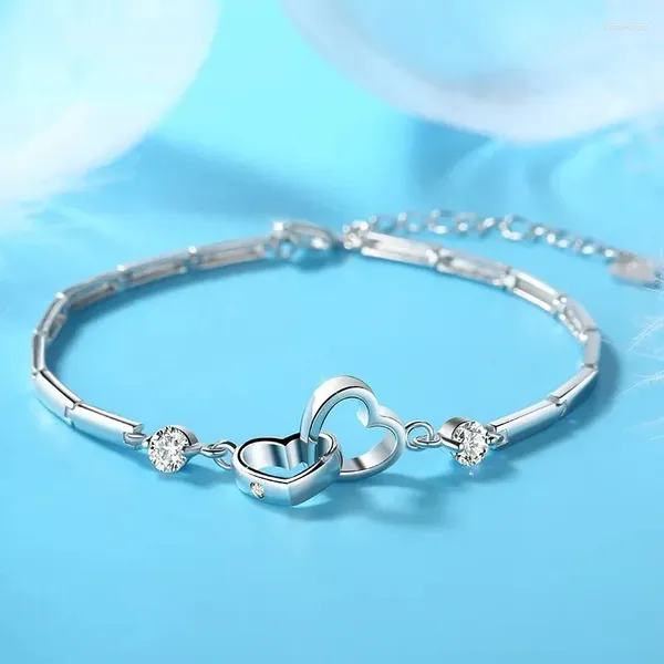 Bracelets de charme Charms Véritable Bracelets En Argent Tibétain Pour Les Femmes Saint Valentin Cadeau Cubique Zircon Double Coeur Bracelet Bijoux