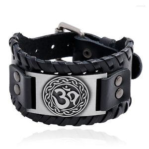 Bedelarmbanden charmes om yoga symbool brede wrap laag bangle echt lederen horlogeband armband sieraden punk heren manchet pulsera hombre kent2