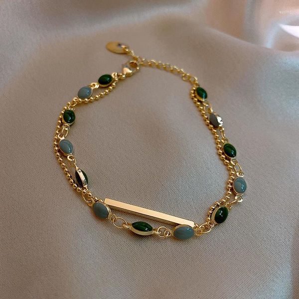 Charm Bracelets Charmsmic estilo francés Vintage Green Stone Set para mujer mujer guijarros cadena de aleación Metal mano joyería Decoración
