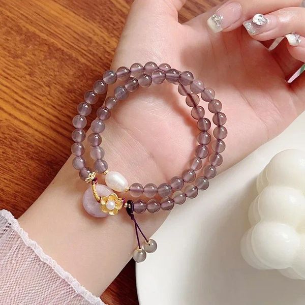 Pulseras con dijes Pulsera elegante para mujer hecha de ágata púrpura ahumada natural de 6 mm con delicado estilo chino antiguo joyería de cuentas de cristal gris