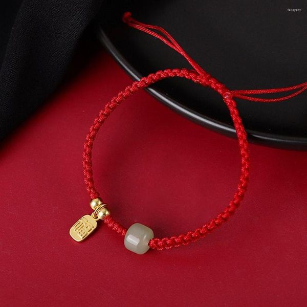 Pulseras de encanto Carácter chino Bendición Cuadrado Hetian Jade Red Cuerda Cadena Trenza Tejido Mujer Joyería de moda