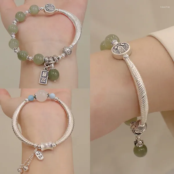 Pulseras con dijes Estilo retro chino Natural Hetian Jade Plata esterlina Círculo único Brazalete Pulsera de encaje Patrón de mar Colgante de piedra Mano