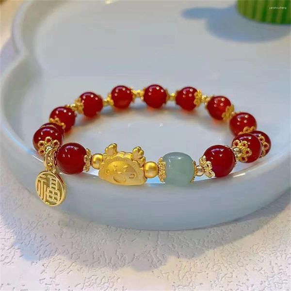 Pulseras de encanto estilo chino dragón año zodiaco con cuentas para mujeres cuentas de piedra natural pulsera animal fortuna joyería de la suerte