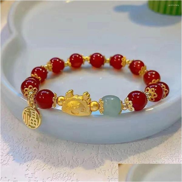 Pulseras de encanto Estilo chino Dragón Año Zodiaco con cuentas para mujeres Cuentas de piedra natural Pulsera de animales Fortuna Joyería de la suerte Drop Deliv Dhpsn