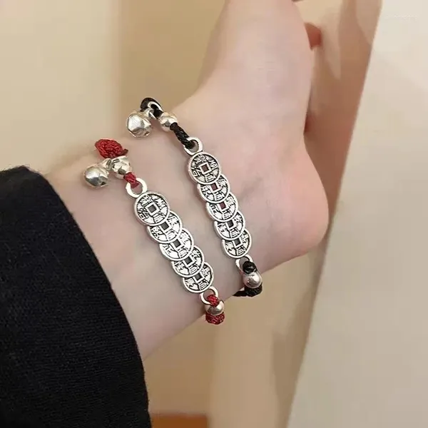 Pulseras de encanto Estilo chino Monedas trenzadas a mano Pulsera Brazalete Mujeres Hombres Negro Cuerda de la suerte Amigos Amantes Accesorio de regalo