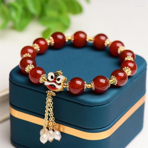 Bracelets de charme Bracelet de lion de style chinois pour hommes et femmes Design unique avec Lucky Pearl Agate Gemstone Accessoire de poignet de haute qualité