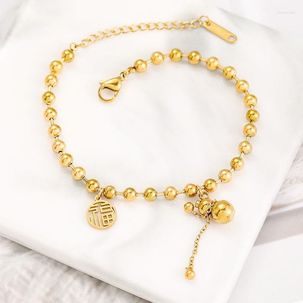 Bracelets de charme Style chinois en acier inoxydable bonne chance gourde pour les femmes plaqué or Bracelet de perles bijoux cadeaux de l'année
