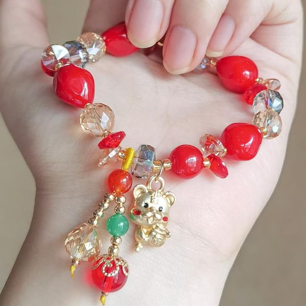 Pulseras de encanto Estilo chino Año del tigre Pulsera de cuentas rojas para mujeres Bolsa de la suerte Pequeña amistad de cristal Joyería de mujer