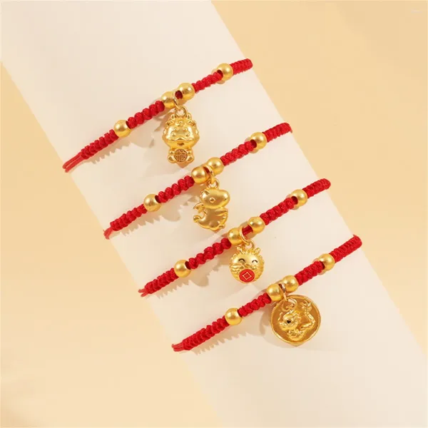 Pulseras de encanto estilo chino zodiaco color oro dragón colgante para mujeres pulsera de moneda redonda tejida a mano cerca de regalos de año joyería