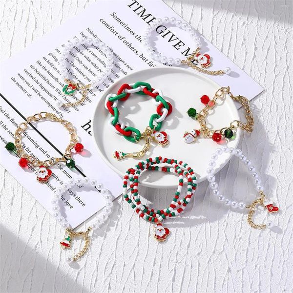 Pulseras de encanto Pulsera de Navidad Moda Cadena colorida Imitación Perla con cuentas Árbol de aleación Santa Claus Muñeco de nieve Colgante