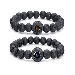 Pulseras con dijes Círculo Masculino 10 mm Cuentas de piedra de lava negra Pulsera con dijes Diy Difusor de aceite esencial Hombre Ojo Energía Joyería6170635 Gota Dh7Za