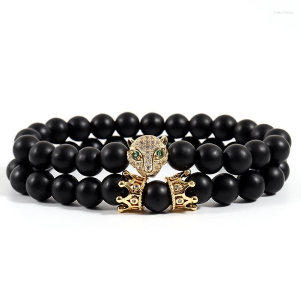 Charm Armbanden Classic 2 stks/set Leopard Crown Armband Mannen Handgemaakte Pave CZ Matte Bead Strand Voor Sieraden Gift