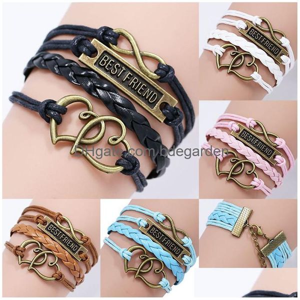 Bracelets de charme Classique Meilleur Ami Lettre Pour Femmes Hommes Tressé En Cuir Corde Double Coeur Infinity Wrap Bracelet Amitié Bijoux D Dhibs