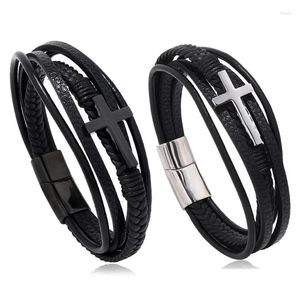 Bedelarmbanden Klassiek ontwerp Kruis Heren Echt leer Roestvrij staal Magneetsluiting Bedels Handarmband Homme Heren Kerstcadeaus Ot6Hl