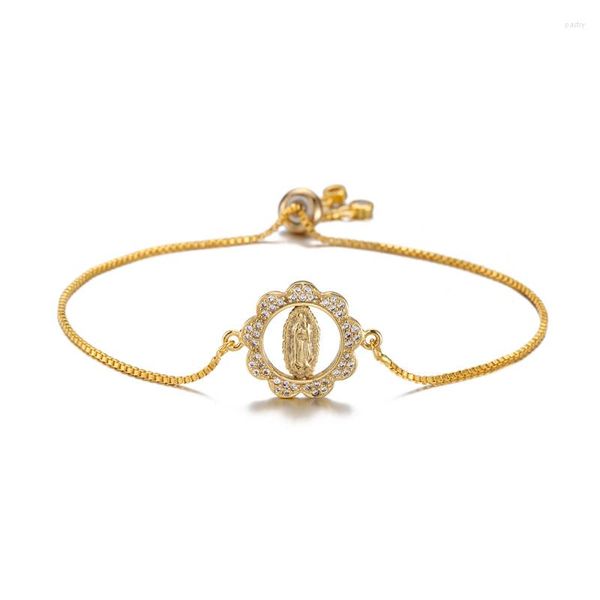 Pulseras con dijes Diseño clásico Color dorado Santísima Virgen María para mujer Chica Pulsera de lujo con circonitas Joyería religiosa