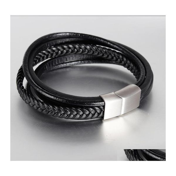 Charm Armbänder Klassisches echtes Lederarmband für Männer Mtilayer Schwarz Braun Gewebtes Seilarmband Edelstahlverschluss Jungen Cool J Ot6Cr