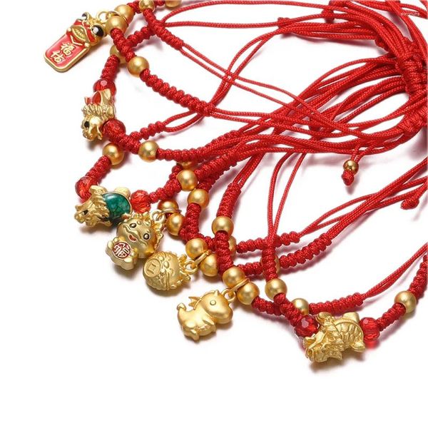 Pulseras con dijes Clásico Cuerda tejida a mano Zodiaco Dragón Colgante Pulsera 2024 Año Lucky Red Fortune Joyería de riqueza para los amantes Regalo de Navidad