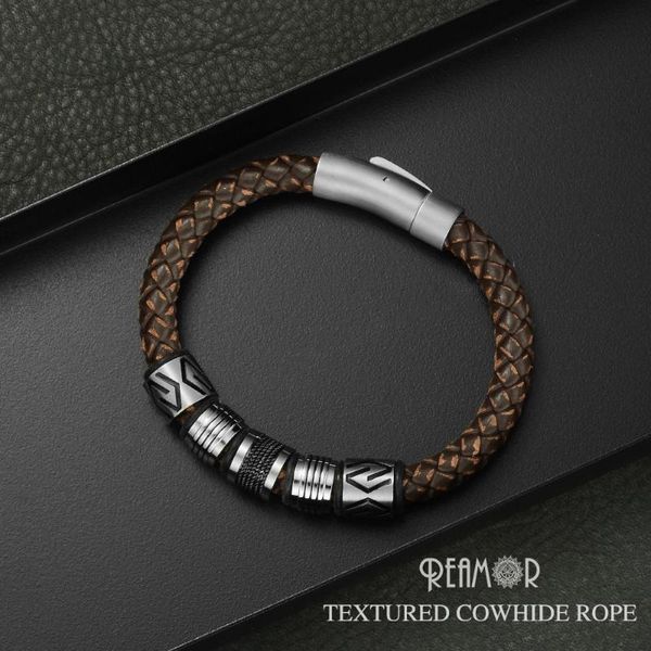 Bracelets porte-bonheur classique hommes artisanat en cuir véritable Bracelet en acier inoxydable mat bouton fermoir Bracelets bijoux DropCharm