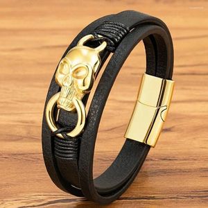 Bedelarmbanden Klassiek Meerlaags leren herenarmband 3 kleuren Punk Roestvrij staal Magneetsluiting Bangle Mannelijke Schedel Kraal Sieraden Geschenken