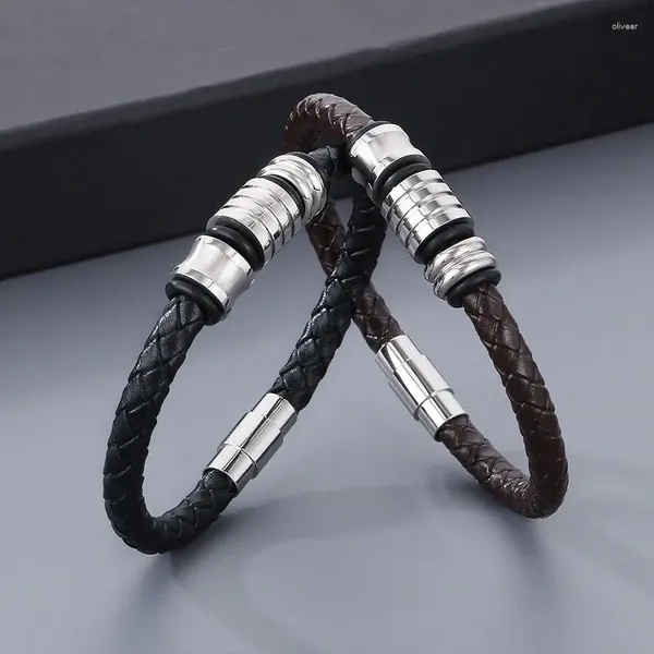 Bracelets de charme Bracelet en cuir en acier inoxydable classique pour hommes femmes personnalisé marron tressé corde poignet bijoux en gros cadeau
