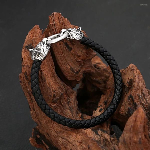 Pulseras con dijes Pulsera clásica de acero inoxidable con doble cabeza de lobo para hombres y niños, brazaletes trenzados de cuero, joyería de moda, regalo