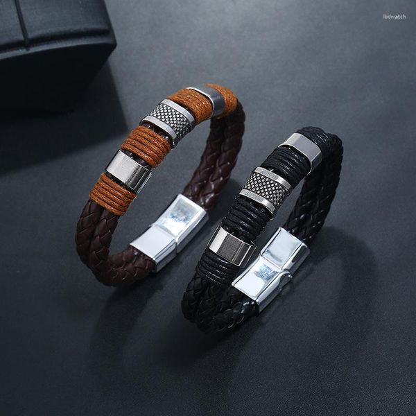 Bracelets porte-bonheur classique multicouche à la main en cuir chaîne tissé homme mode aimant fermoir alliage en acier inoxydable bracelet