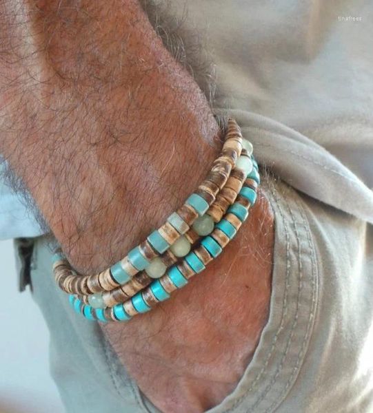 Bracelets de charme Bracelet de perles en bois de noix de coco Eiastic Turquoise Pierre Perle pour hommes et femmes Empilage à la main en bois extensible