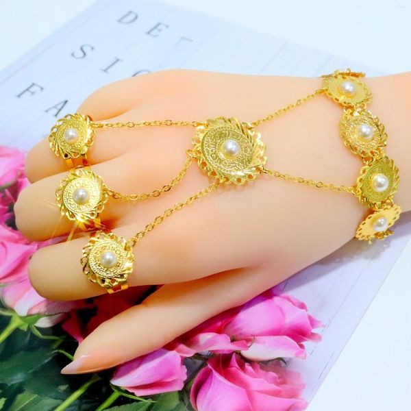 Bracelets de charme Bracelet de perles de pièce de monnaie serti de trois anneaux - Collection de bijoux arabes du Moyen-Orient pour femmes exquises plaqué or 18 carats