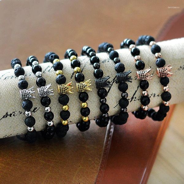 Bracelets porte-bonheur coloré perlé couronne Bracelet roches volcaniques naturelles pierre lave noire équilibre de guérison Yoga bijoux de mode