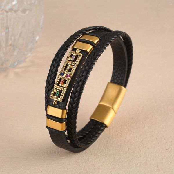 Bracelets de charme Coloré Zircone Cubique Noir Corde En Cuir Tressé Bracelet Personnalisé Pour Homme Femme Fête Bijoux De Mariage Cadeau