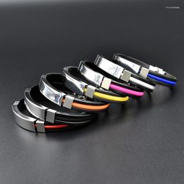 Bracelets porte-bonheur coloré en caoutchouc en acier inoxydable pour hommes femmes adolescents ceinture noire bracelet mâle main bijoux cadeaux