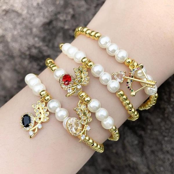 Bracelets porte-bonheur cuivre CZ cristal feuille pour femme perle blanche perlée chaîne flèche plaqué or bijoux cadeaux Brtb17