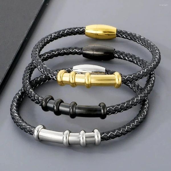 Bracelets de charme Corde de coton En acier inoxydable Enveloppé Bambou Coude Tissé Bracelet Pour Femmes Hommes Or Argent Noir Couleur
